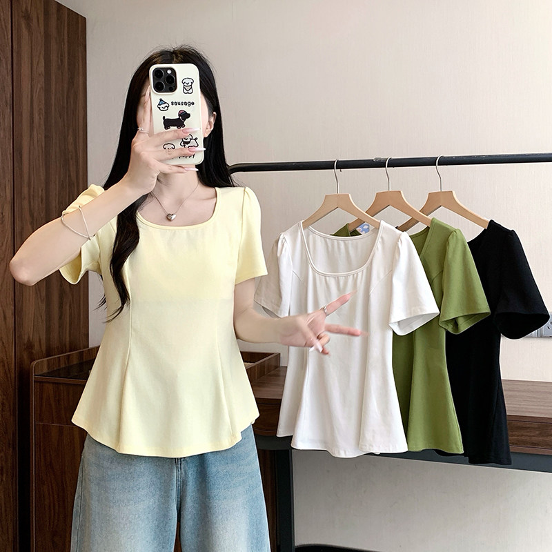 三只老熊实拍夏装新款胖mm大码女时尚纯色设计感U领别致短袖T恤