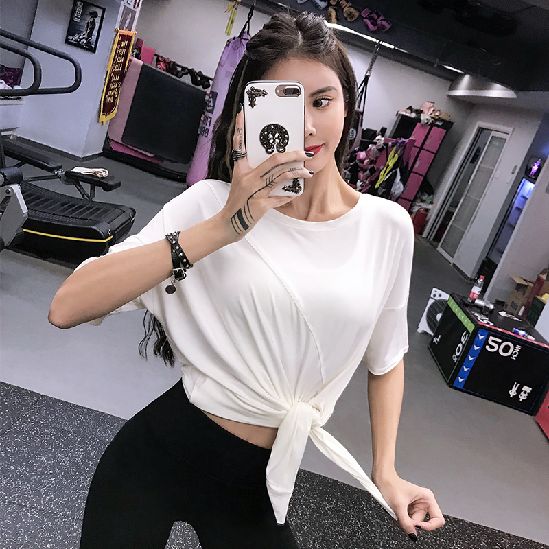 运动短袖夏季宽松中长款健身专业瑜伽服锻炼罩衫T恤衫女开叉上衣
