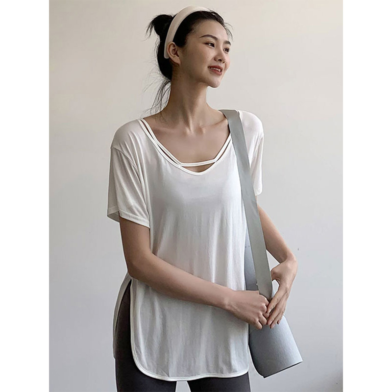 跑步速干t恤夏运动短袖女专业训练瑜伽服罩衫长款健身鲨鱼裤套装