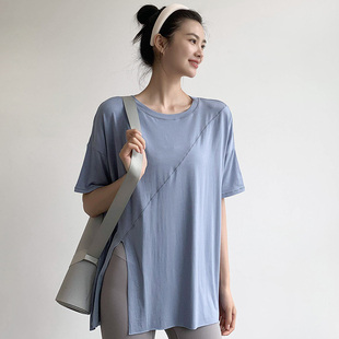 瑜伽上衣女宽松罩衫 速干运动健身服 显瘦遮臀运动训练T恤短袖 薄款