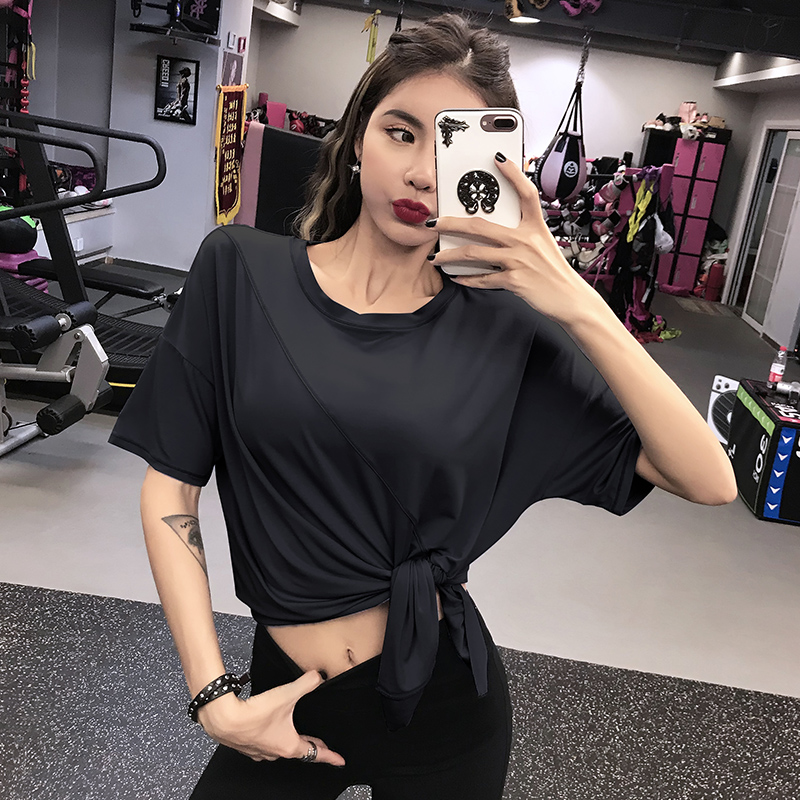 运动短袖T恤衫女夏季宽松中长款开叉健身专业瑜伽服锻炼罩衫上衣