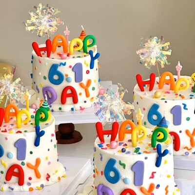 六一儿童节蛋糕装饰彩色软胶61字母HAPPYDAY插件雨丝蜡烛装扮配件