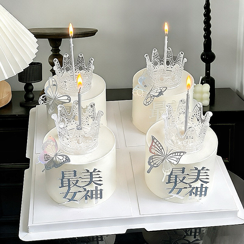 38女神节蛋糕装饰水晶皇冠摆件网红三八妇女节银色蝴蝶亚克力插件