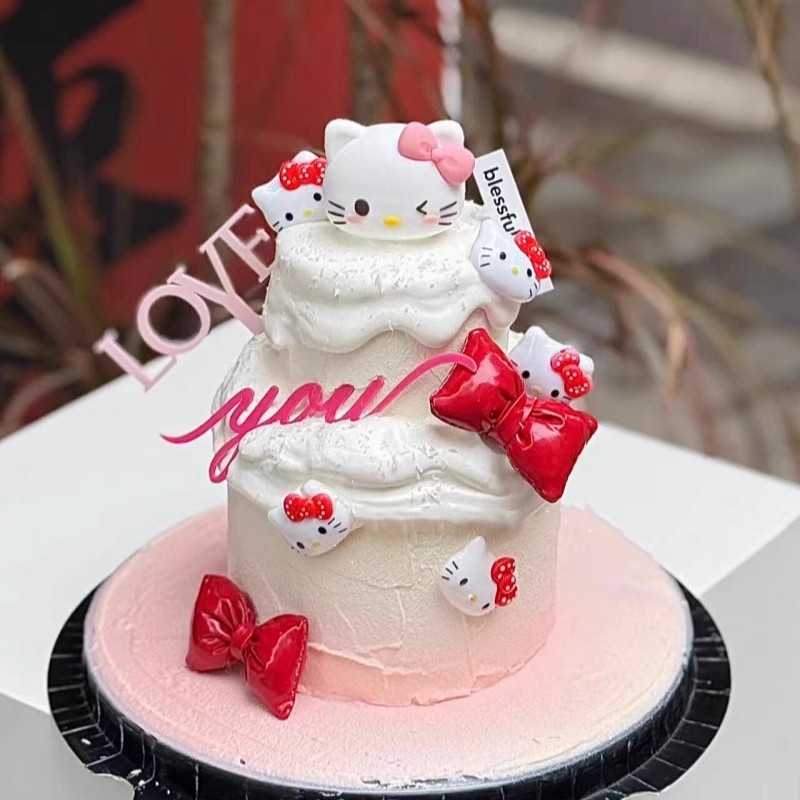 520情人节蛋糕装饰pu蝴蝶结软胶KT猫摆件情侣告白LOVE亚克力插牌