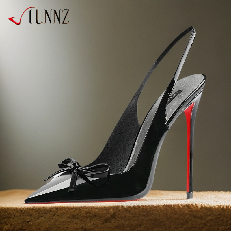 hunnz亚黑裸酒红色漆皮尖头小蝴蝶结后空款大码红底名媛高跟凉鞋,女鞋,浅口单鞋,淘宝优惠券,粉丝福利购,淘宝优惠卷