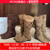 增高7cm 时髦交叉带平底西部靴圆头中高筒骑士靴长筒靴子女堆堆靴