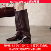 小方头粗跟高筒靴2025波尔多红一脚蹬大筒围长靴真皮百搭骑士靴