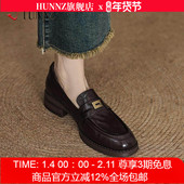 女2025秋复古单鞋 hunnz一脚蹬百搭英伦风小皮鞋 超软小羊皮乐福鞋