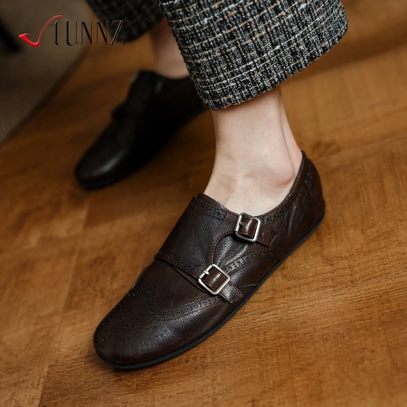 巨好穿法式单鞋女复古雕花休闲小皮鞋女圆头平底通勤乐福鞋棕色,女鞋,浅口单鞋,淘宝优惠券,粉丝福利购,淘宝优惠卷