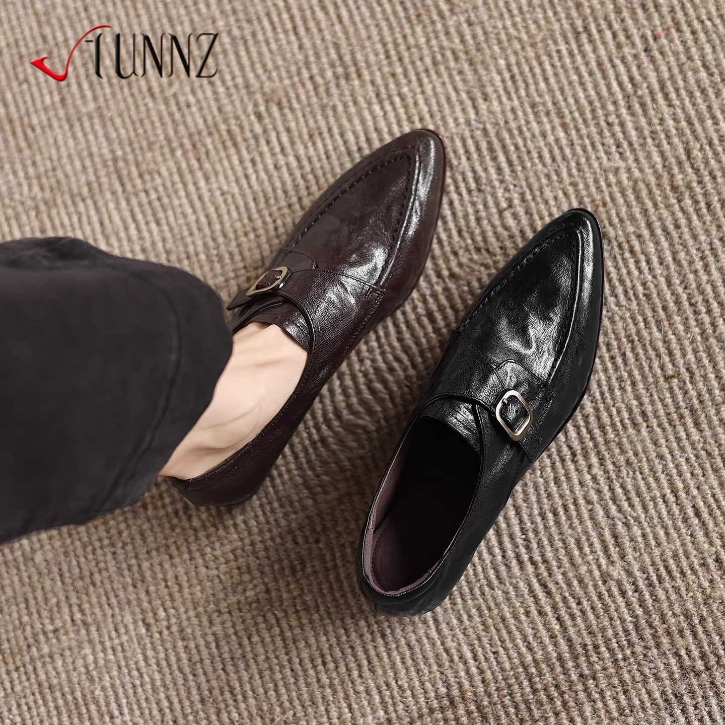 hunnz2.5cm手抓纹皮尖头乐福鞋女深口单鞋皮带扣低跟舒适大码女鞋,女鞋,浅口单鞋,淘宝优惠券,粉丝福利购,淘宝优惠卷