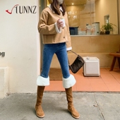 hunnz麂皮长筒靴女冬新款 过膝羊羔绒雪地靴加绒平底高筒靴DL257