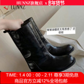 宽筒真皮粗跟中筒西部骑士短靴女秋冬季 hunnz2025款 新品 马丁靴