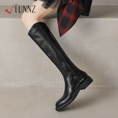 黑色平底V口靴子长筒靴女