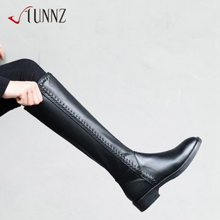 hunnz骑士靴女靴子中筒靴不过膝长靴胖粗腿高筒显瘦长筒靴大筒围