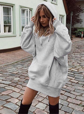 women long Sweatshirts抓绒连帽宽松休闲中长款卫衣裙Oversize