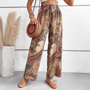 宽松休闲沙滩长裤 欧美度假风民族印花波西米亚夏季 女松紧腰直筒裤