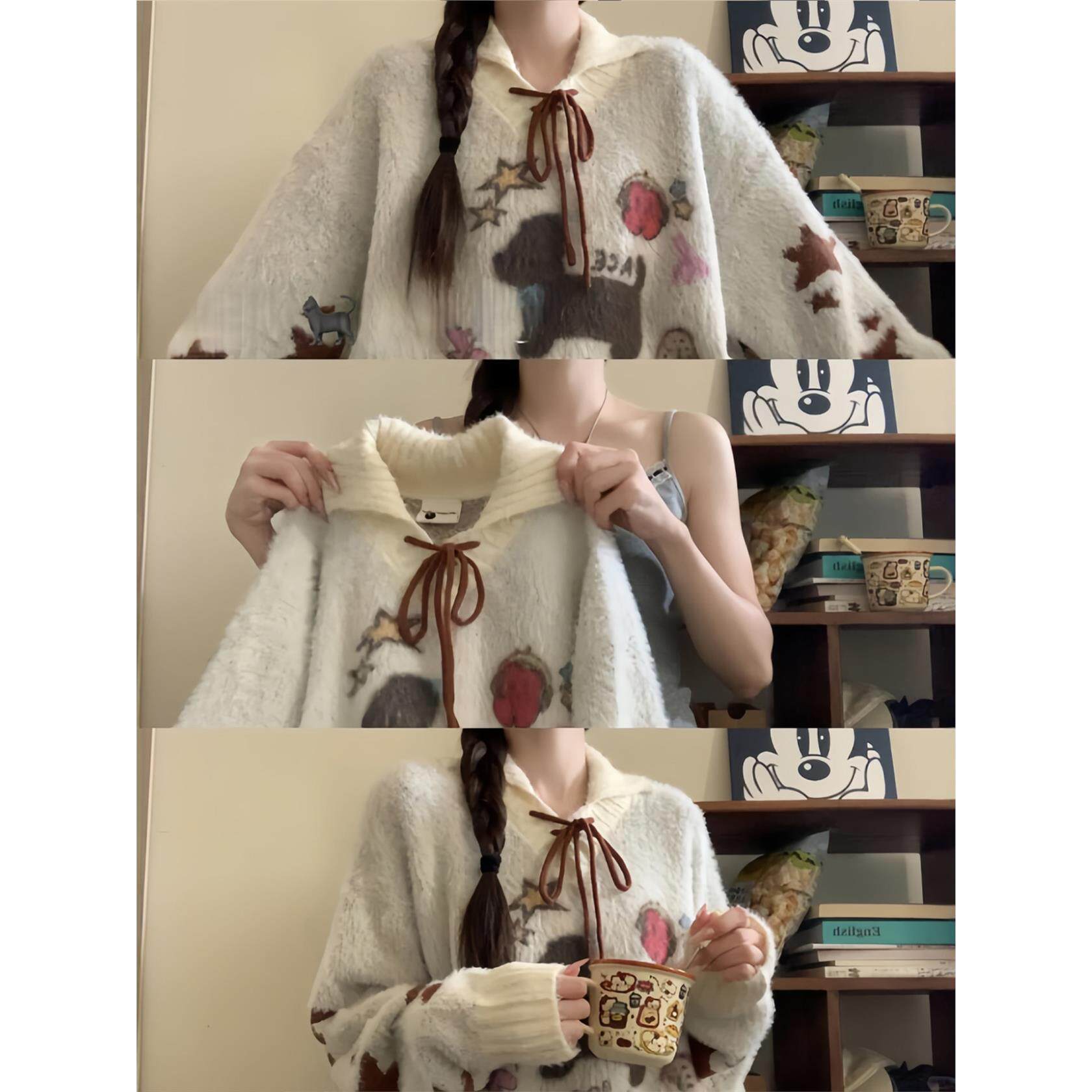 米白色卡通小狗提花套头毛衣针织衫女2025早秋季慵懒风巨好看上衣
