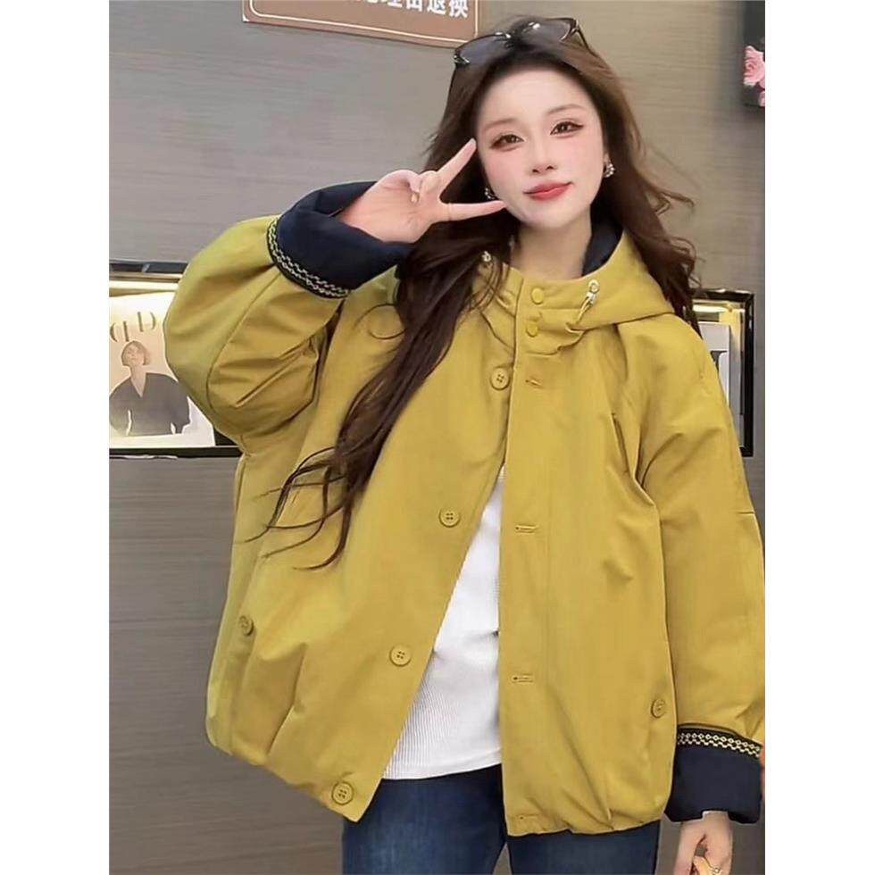 2025秋冬新款韩系撞色连帽加绒棉服外套女短款宽松时尚休闲棉衣