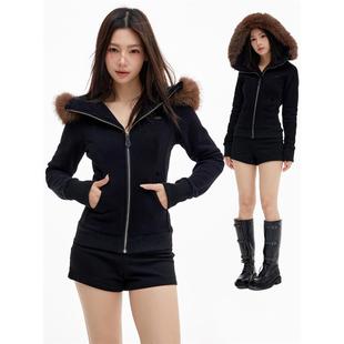 (NMK)女装可拆卸毛领连帽修身卫衣外套美式加绒收腰显瘦拉炼上衣