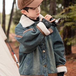 大童秋冬款 儿童装 男孩冬季 加绒加厚外套2024新款 炸街牛仔 男童冬装