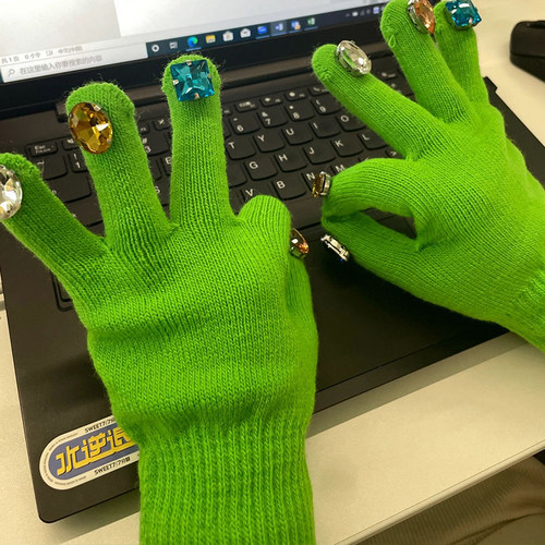 灭霸绿色手套带钻美甲厚针织手套