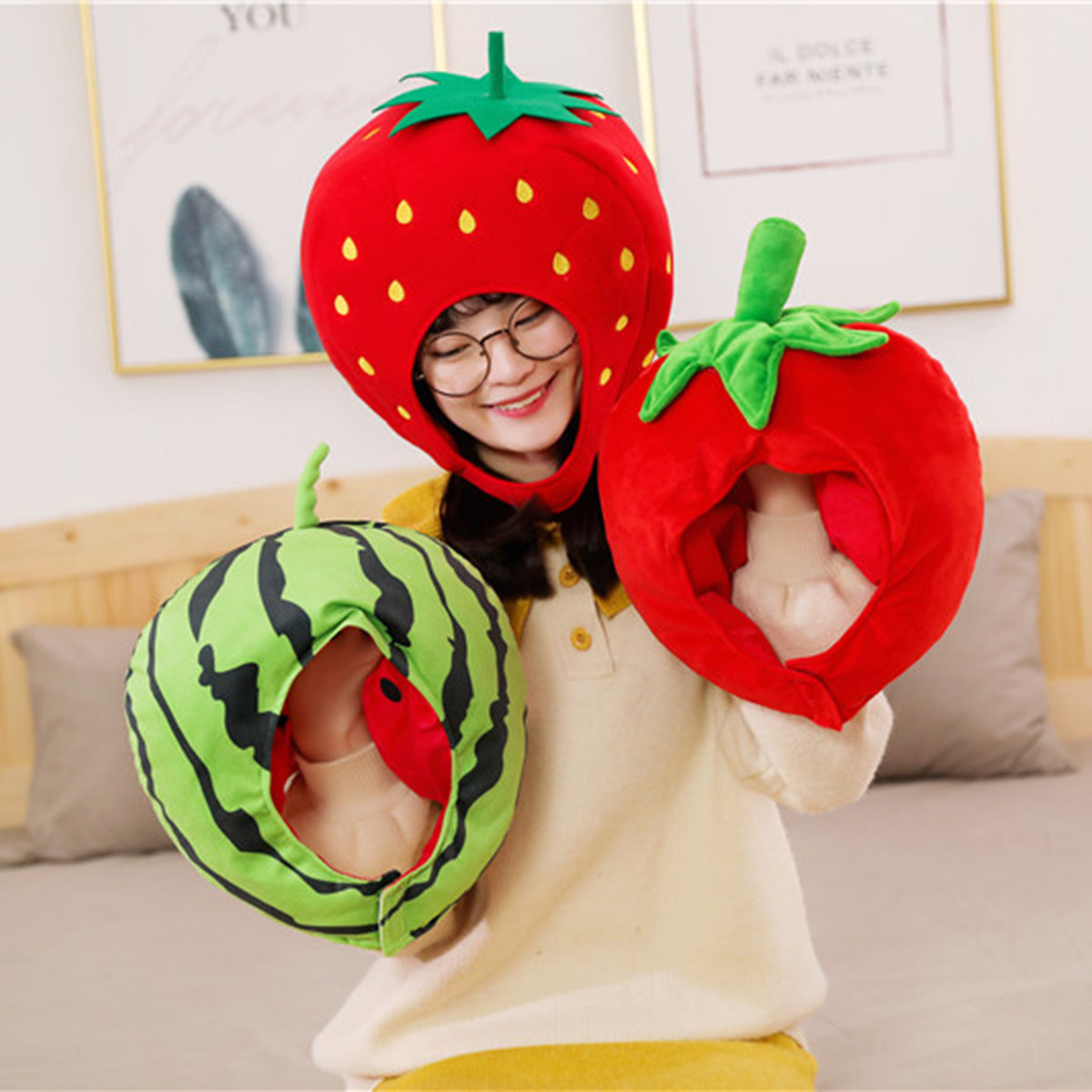日韩创意西红柿草莓西瓜头套帽子蔬菜头饰儿童宝宝周岁拍照道具潮
