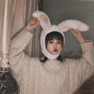 网红同款 兔耳朵帽可爱少女心毛绒兔子头套帽子ins拍照演出道具潮