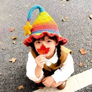 可爱搞怪多巴胺彩虹色星星精灵帽子秋冬儿童亲子手工编织套头帽子