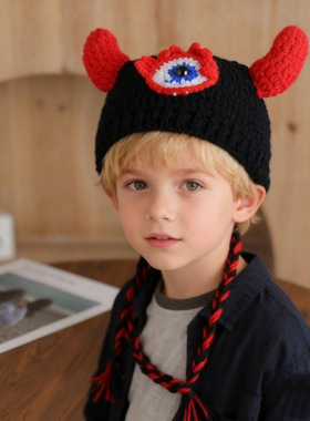 搞怪红色角恶魔头套创意卡通怪物手工编织亲子毛线针织护耳帽子潮