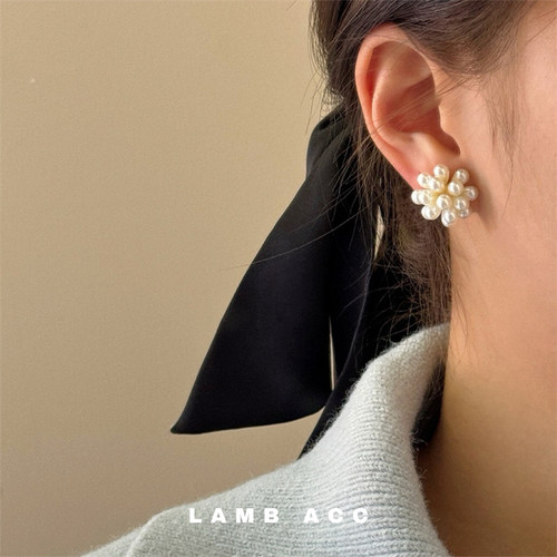 LAMB ACC 半糖主义 超亮精致气质珍珠花s925银针耳钉耳饰