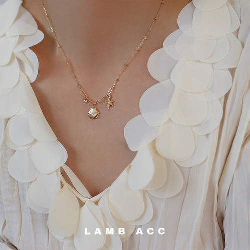LAMB ACC 暮色沙滩 精致爪钻海星贝壳吊坠钛钢镀18k金项链锁骨链