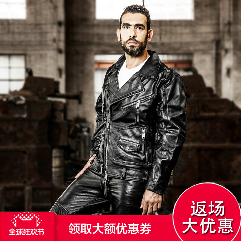 HARLEY ANGEL真皮皮衣加厚男士翻领双层斜拉链牛皮修身短款夹克
