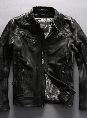 HARLEY ANGEL骑行服真皮皮衣男反光骷髅帅气黑色短款立领机车夹克