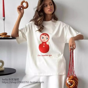 欧美时尚休闲T恤印花宽松上衣Printed round neck cotton T-shirt