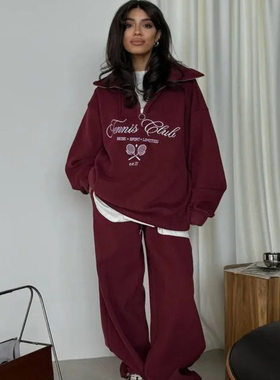 美式复古国潮牌2025冬季新款宽松百搭印花欧美加绒加厚翻领卫衣女