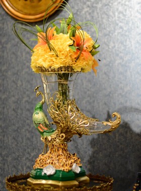 卡斯特兰美式铜配水晶配陶瓷孔雀奢华别墅客厅玄关插花花瓶C5555