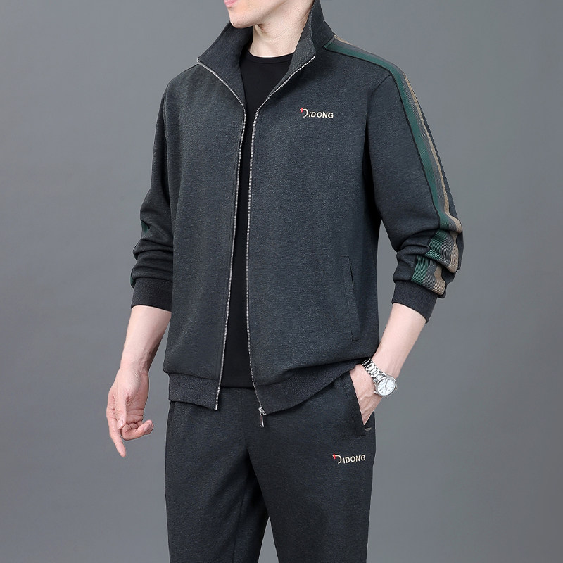 品牌休闲运动套装男士春秋季2026新款中年开衫立领外套运动服套装