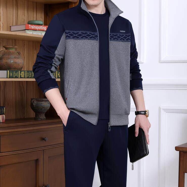 啄木鸟休闲运动套装男春秋款中老年大码宽松卫衣外套运动服两件套
