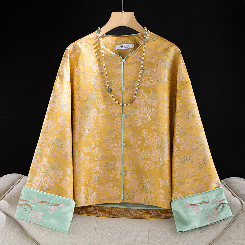 新中式国风宋锦圆领盘扣外套女 春秋季黄色复古洋气休闲宽松上衣