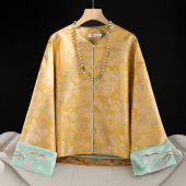 黄色复古洋气休闲宽松上衣 春秋季 新中式 国风宋锦圆领盘扣外套女