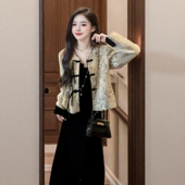 新中式 丝绒吊带连衣裙清冷两件套 时尚 气质国风短外套女装 秋冬新款