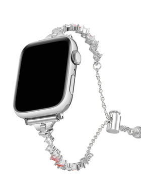 适用苹果表带Apple Watch锆石粉钻石链条金属手镯款iwatch6789 SE