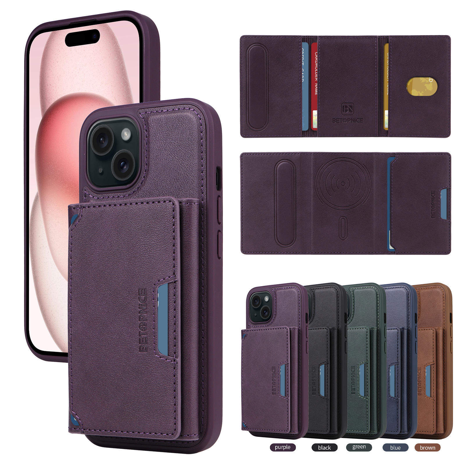 适用于苹果16 PRO MAX左右开磁吸分离卡包iPhone15插卡手机后壳