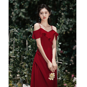 敬酒服新娘平时可穿夏季结婚回门订婚连衣裙吊带红色高级感晚礼服
