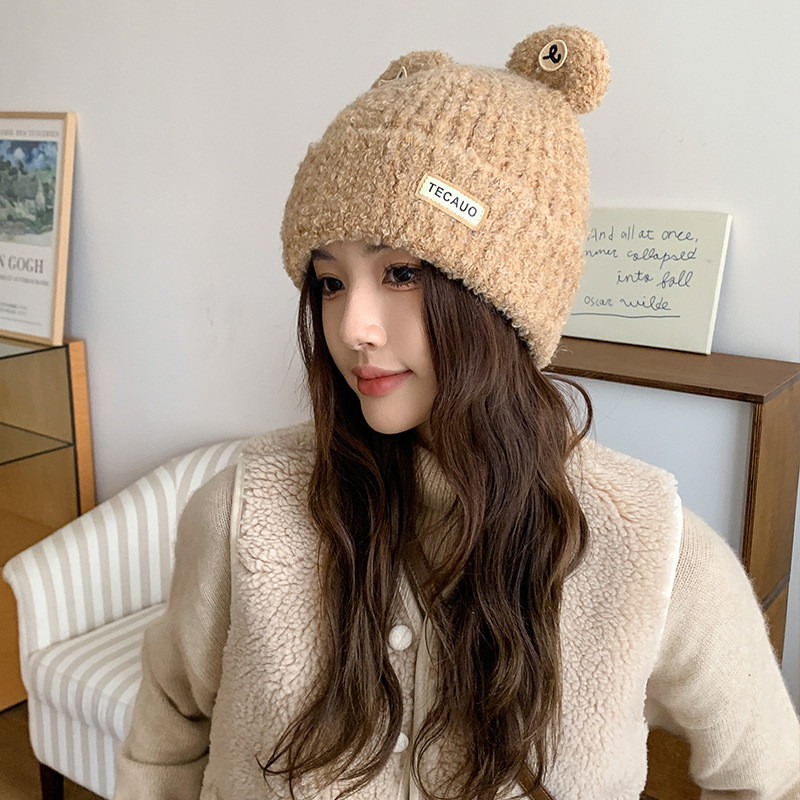 新款时尚侧标TEC小熊耳朵针织帽秋冬可爱保暖护耳帽百搭休闲帽子