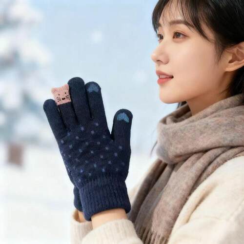 可爱五指手套女2025冬季新款防寒保暖可触屏针织毛线骑车分指学生