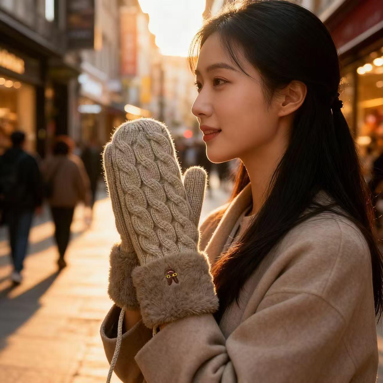 挂脖手套女2025秋冬季保暖防寒加绒加厚棉韩版大学生毛线包指连指
