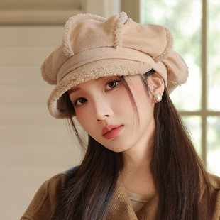 秋冬新款加绒帽子女款韩系保暖显脸小贝雷帽复古八角帽百搭鸭舌帽