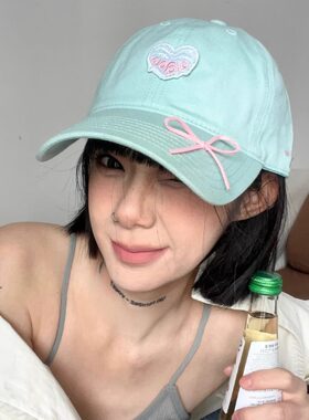 2025春秋新款爱心刺绣鸭舌帽女蝴蝶结软妹棒球帽显脸小薄荷绿帽子