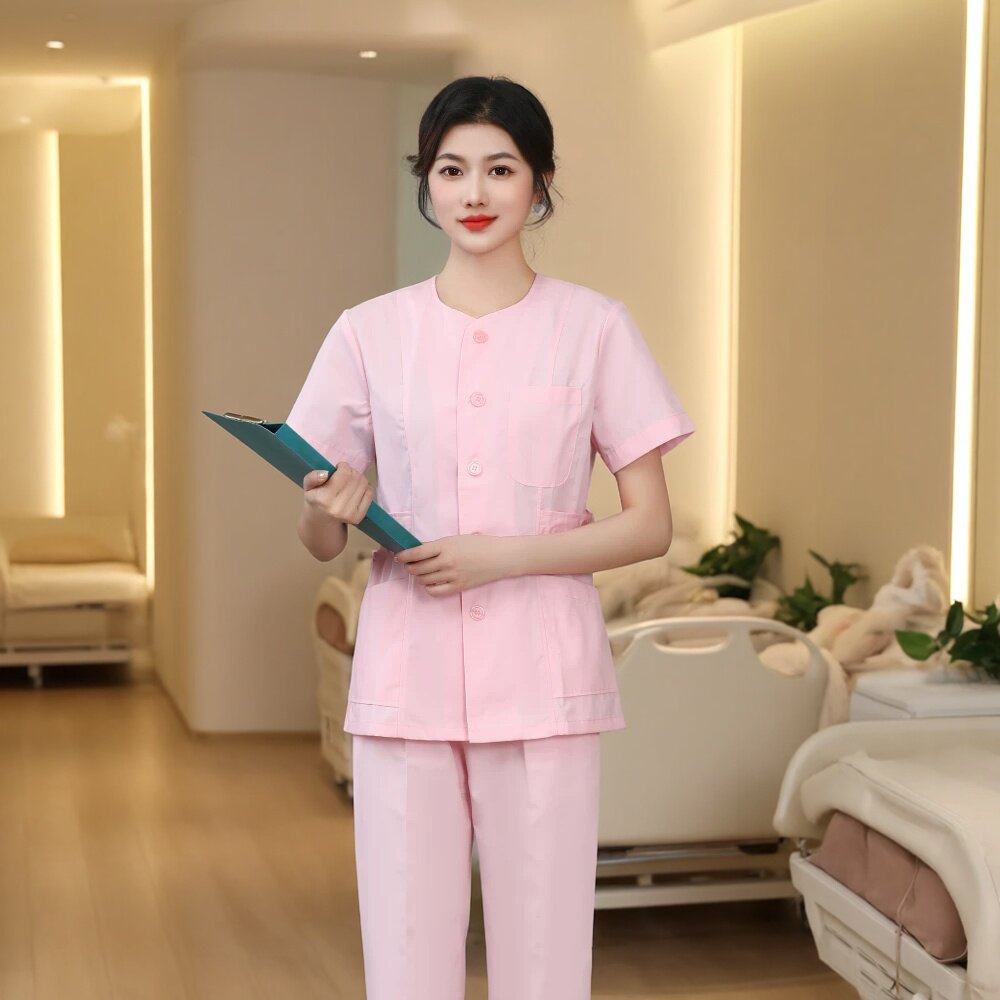 护士服分体套装女短袖无领蓝色医美容院工作服夏季薄款月嫂护理服